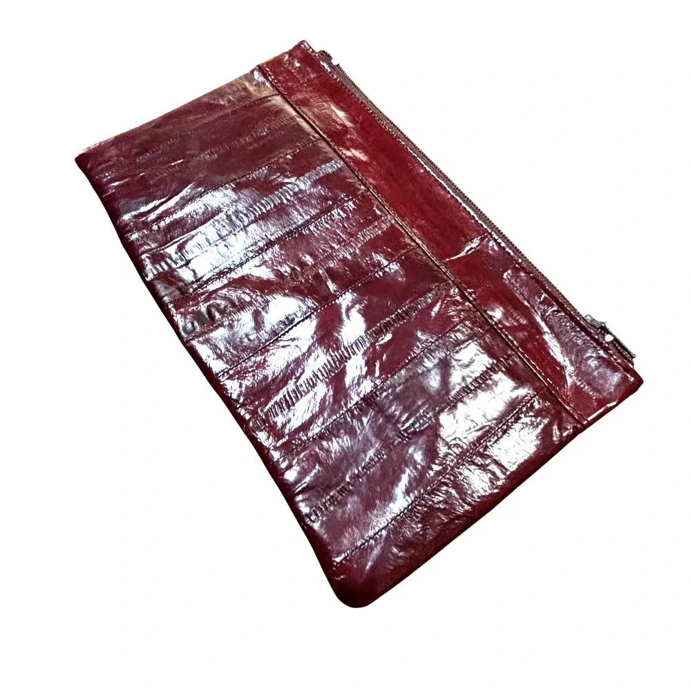 Vintage eel skin leather wallet zipper top pouch deep red slim 1980’s Korea